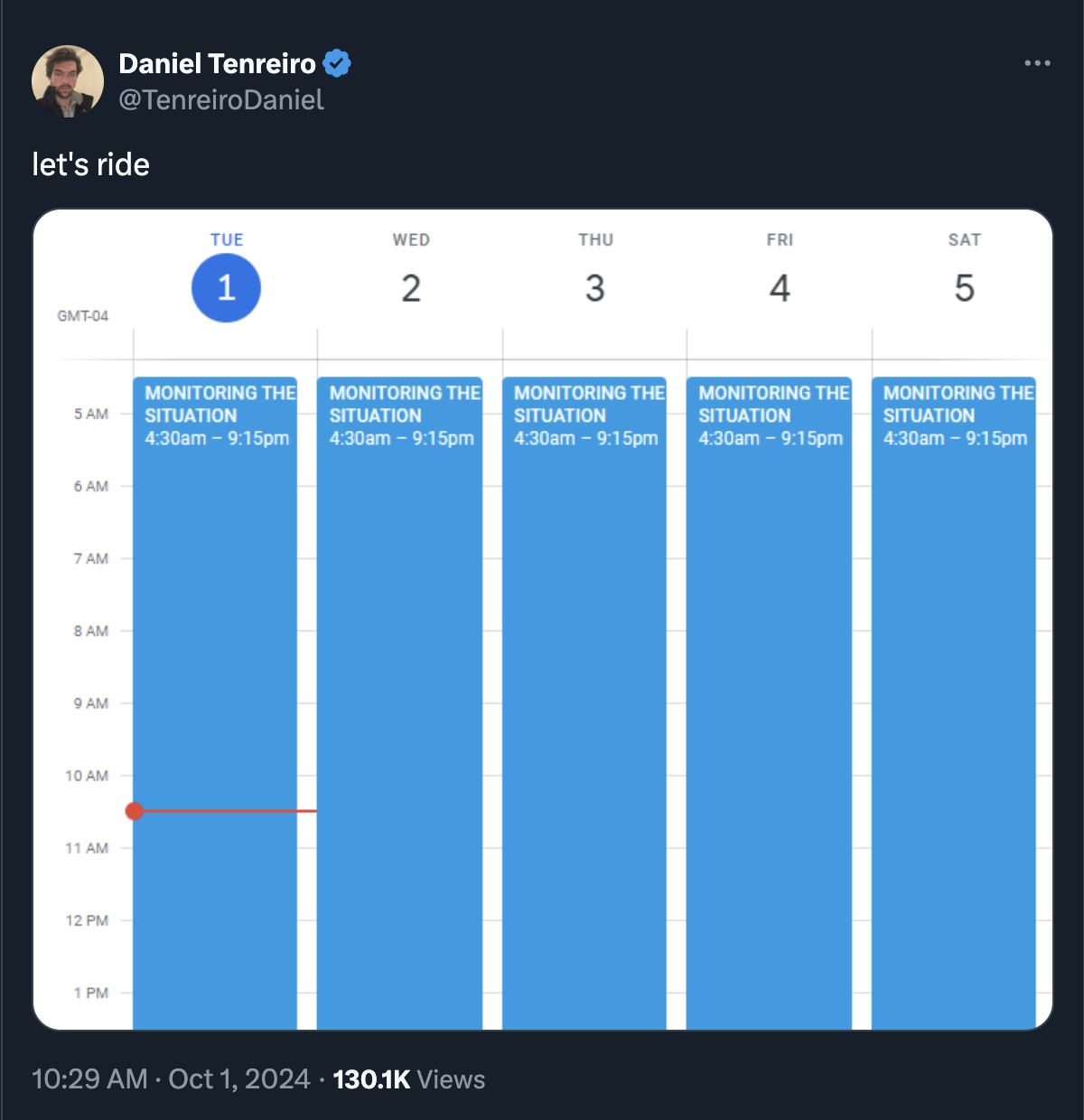 screenshot - Daniel Tenreiro let's ride Gmt04 Tue Wed Thu 1 2 3 5 Am Monitoring The Situation am pm Monitoring The Situation am pm 6 Am 7 Am 8 Am 9 Am 10 Am 11 Am 12 Pm 1 Pm Views Fri 4 Sat 5 Lo Monitoring The Situation am pm Monitoring The Situation am p